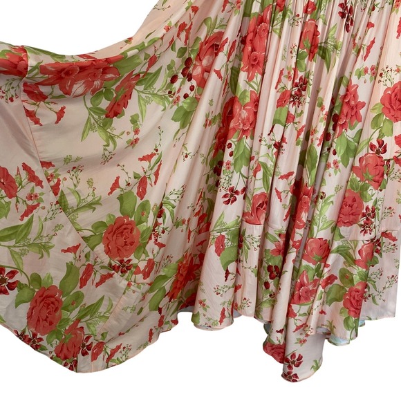 Anthropologie Boho Floral Asymmetrical Midi Skirt Size L Pink  Smocked Waist NWT - Picture 4 of 9